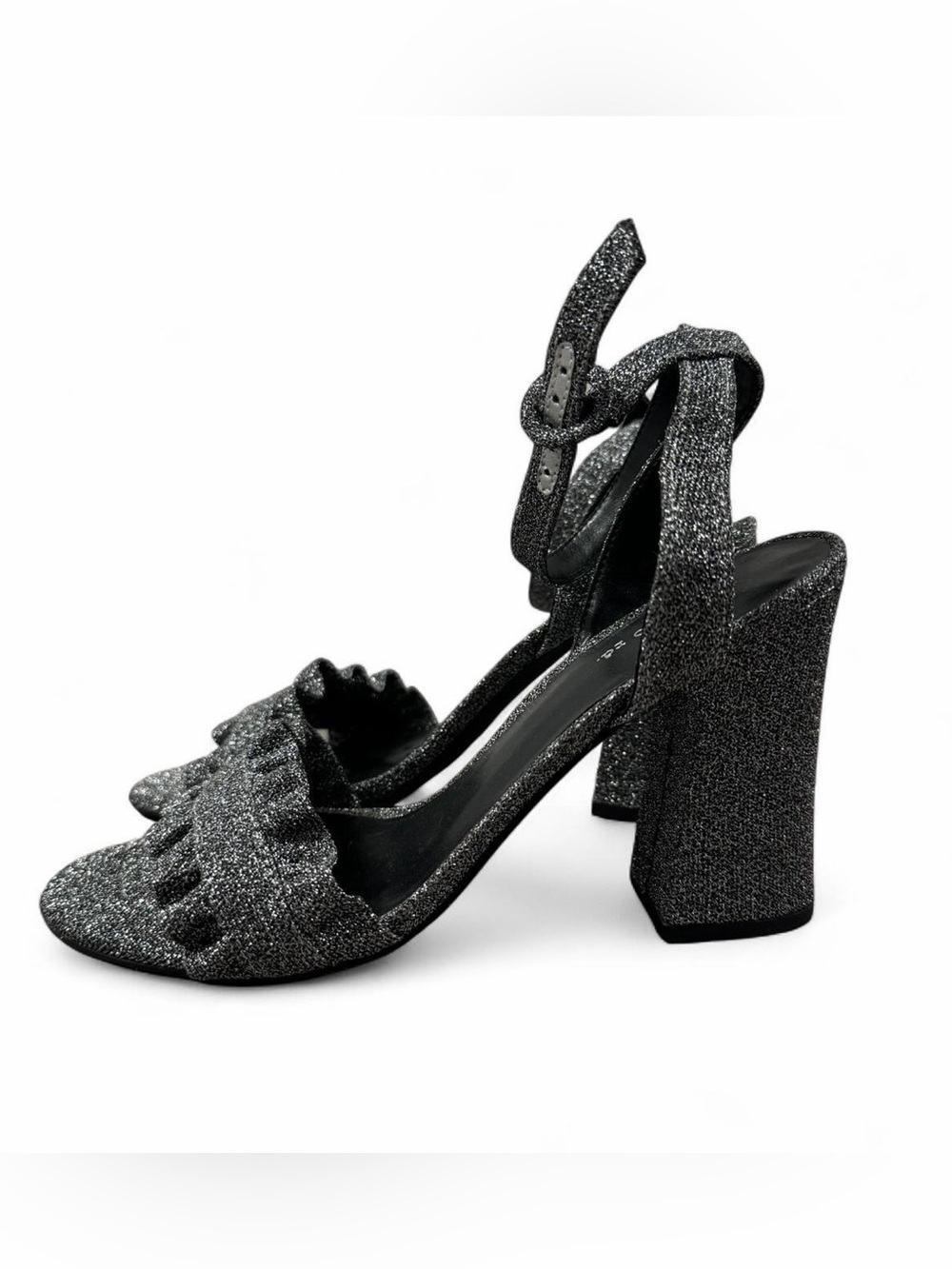 Indigo Metallic Glitter Block Heel Sandals in Black